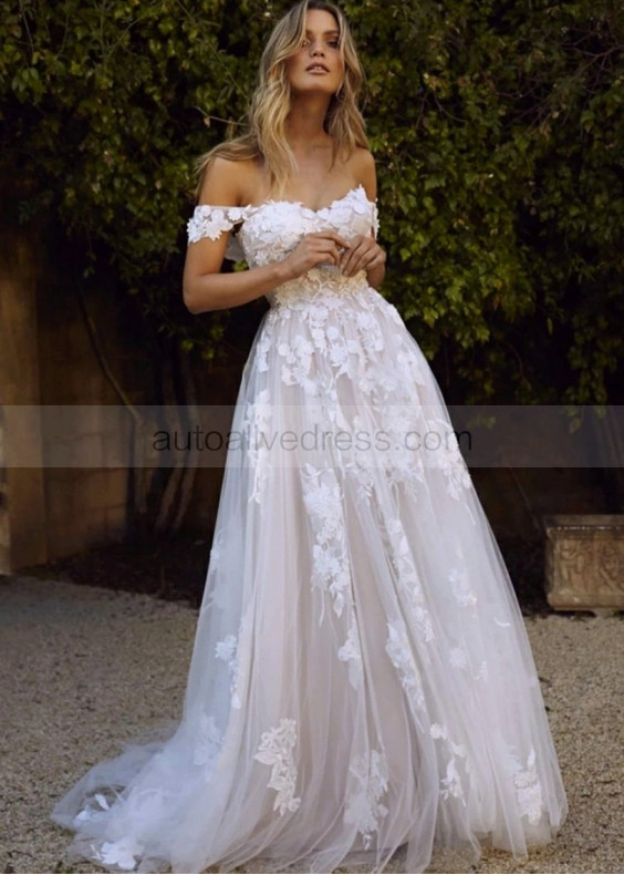 Off Shoulder Ivory Lace Tulle Wedding Dress With Champagne Lining